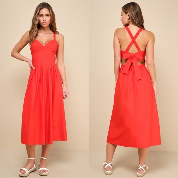 Lulus Strolling Sicily Red Pleated Backless Midi Dress With Pockets M Vacation - Picture 1 of 10